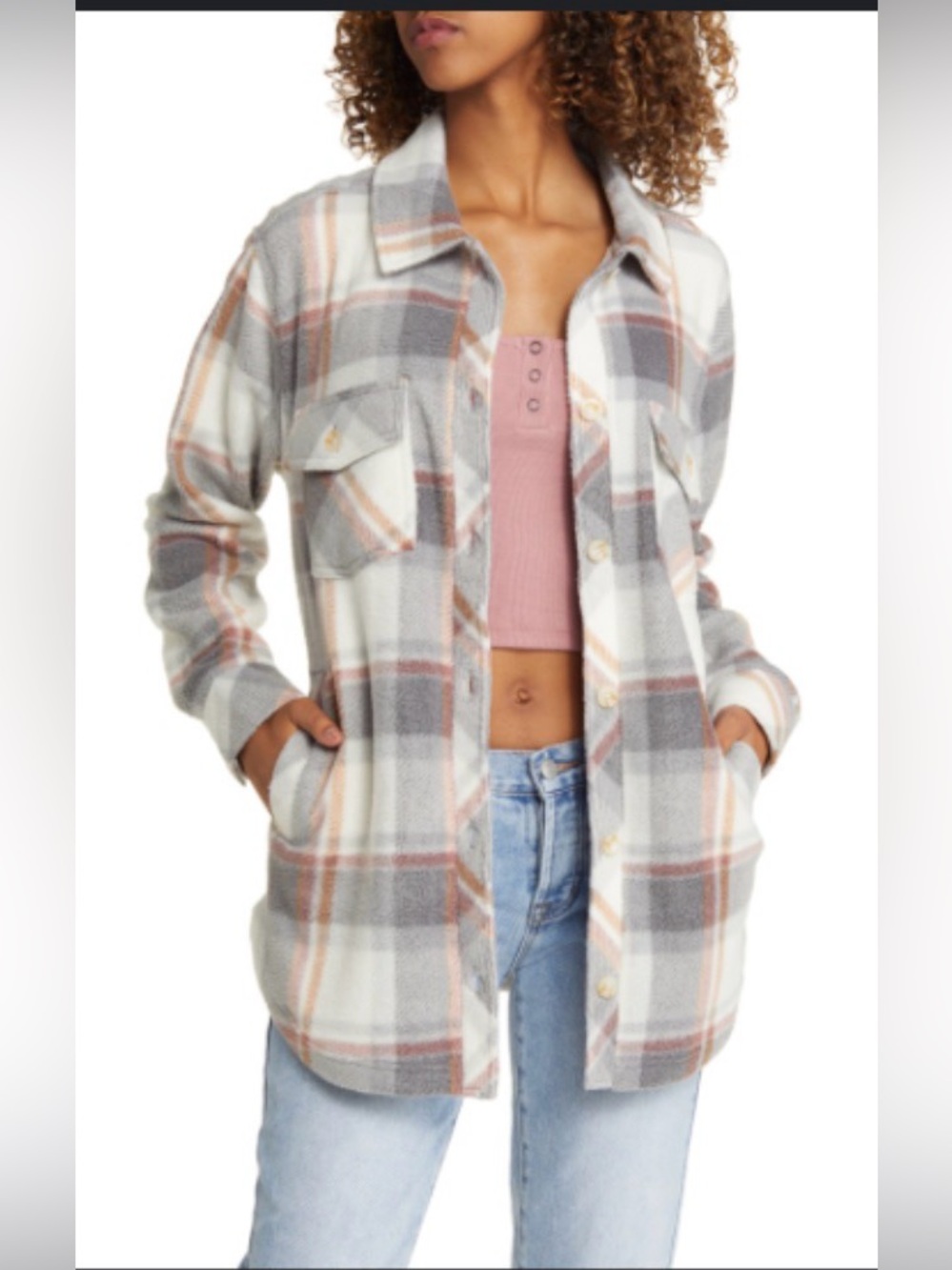 NWOT Thread & Supply Plaid Button-Front Shacket in Gray, Cream & Pink